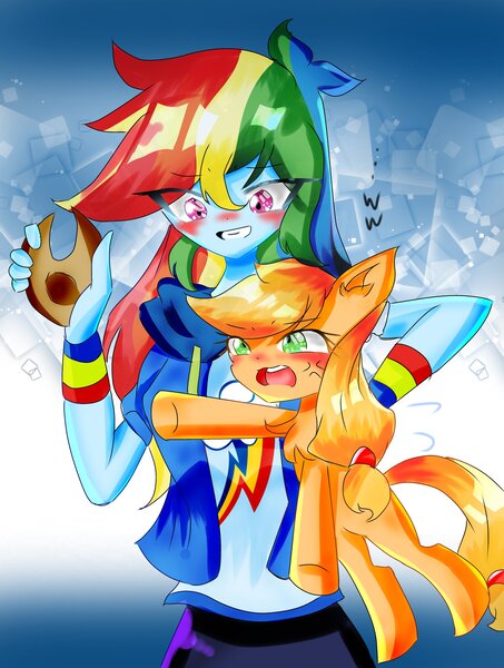 Size: 1850x2448 | Tagged: safe, artist:applejack_yokai, derpibooru import, applejack, rainbow dash, earth pony, pony, equestria girls, applejack's hat, cowboy hat, female, hat, image, jpeg, mare, rainbow douche