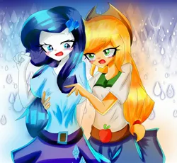 Size: 2660x2447 | Tagged: safe, artist:applejack_yokai, derpibooru import, applejack, rarity, equestria girls, blushing, breasts, female, image, jpeg, lesbian, rarijack, shipping