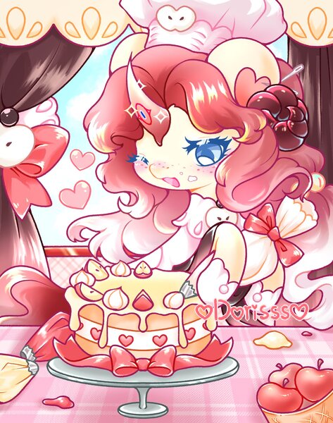 Size: 1575x2000 | Tagged: safe, artist:pinkdorisss, derpibooru import, pony, unicorn, baking, cake, female, food, image, jpeg, mare, one eye closed, solo