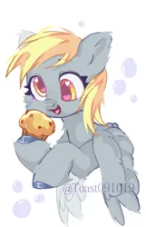 Size: 925x1440 | Tagged: safe, artist:toast091019, derpibooru import, derpy hooves, pegasus, pony, female, food, heart, heart eyes, image, jpeg, mare, muffin, open mouth, open smile, smiling, solo, spread wings, wingding eyes, wings