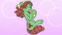 Size: 1920x1080 | Tagged: safe, artist:koapony, derpibooru import, tree hugger, earth pony, pony, eyebrows, eyebrows visible through hair, food, image, jpeg, looking at you, mug, one eye closed, smiling, solo, tea, underhoof, wink, winking at you