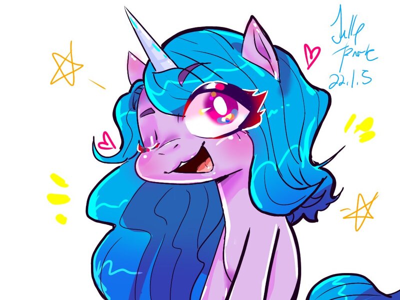 Size: 1024x768 | Tagged: safe, artist:jully-park, derpibooru import, izzy moonbow, pony, unicorn, female, g5, heart, image, jpeg, mare, one eye closed, solo, stars, wink