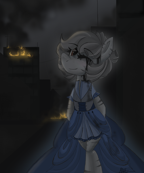 Size: 1000x1200 | Tagged: semi-grimdark, artist:thevixvix, derpibooru import, oc, unofficial characters only, pony, bipedal, blood, clothes, dress, fire, image, injured, png, solo