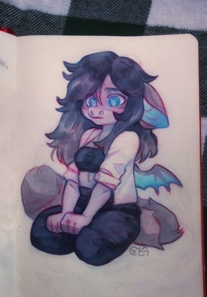 Size: 752x1080 | Tagged: safe, artist:art_bird_owl, derpibooru import, oc, unofficial characters only, anthro, bat pony, pony, awkward, bat pony oc, bat wings, cute, female, image, jpeg, mare, photo, shy, sitting, solo, thinking, traditional art, wings