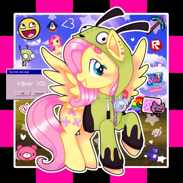 Size: 1925x1925 | Tagged: safe, artist:daylight_sketch, derpibooru import, fluttershy, pegasus, pony, antonymph, clothes, costume, female, gir, image, invader zim, jpeg, mare, microsoft, microsoft windows, minecraft, nyan cat, piercing, sanic, solo, sonic the hedgehog (series), toy, vylet pony