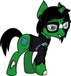 Size: 1082x1164 | Tagged: safe, artist:lightningbolt, derpibooru import, ponified, pony, undead, unicorn, zombie, zombie pony, .svg available, bags under eyes, bloodshot eyes, bone, broken glasses, broken horn, clothes, colored pupils, derpibooru exclusive, ear piercing, gauges, glasses, horn, image, lidded eyes, lip bite, lip piercing, long sleeves, male, pierce the veil, piercing, png, scar, simple background, snake bites, solo, stallion, stitches, tony perry, torn clothes, torn ear, transparent background, vector, walking