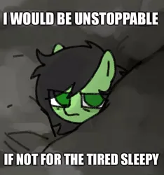 Size: 500x534 | Tagged: safe, artist:omelettepony, derpibooru import, oc, oc:anonfilly, unofficial characters only, earth pony, pony, caption, earth pony oc, eye clipping through hair, female, filly, foal, image, impact font, jpeg, looking at you, solo, text, tired