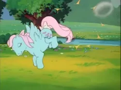 Size: 962x721 | Tagged: safe, derpibooru import, screencap, wind whistler, my little pony 'n friends, the magic coins, bow, bubble, bucking, cute, g1, image, png, river, sports, strong bubble, tail, tail bow, tree, volleyball, water, whistlerbetes