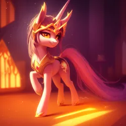 Size: 768x768 | Tagged: safe, derpibooru import, editor:mr-bat, machine learning generated, stable diffusion, daybreaker, armor, crown, embers, golden armor, horn, image, jewelry, png, regalia, shadow, sunlight, wingless