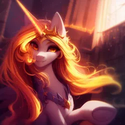 Size: 768x768 | Tagged: safe, derpibooru import, editor:mr-bat, machine learning generated, stable diffusion, daybreaker, alicorn, armor, blonde, blonde hair, glow, glowing horn, horn, image, png, pony ears, raised hoof, sunlight