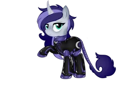 Size: 2360x1640 | Tagged: safe, artist:mistress midnight, derpibooru import, oc, oc:lady meridian, unicorn, fireheart76's latex suit design, horn, image, latex, latex suit, png, prisoners of the moon, rubber, rubber suit, solo, unicorn oc