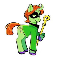 Size: 2000x2000 | Tagged: safe, artist:carconutty, derpibooru import, ponified, pony, unicorn, batman, cane, clothes, curved horn, dc comics, horn, image, male, mask, png, shirt, simple background, solo, staff, stallion, suit, the riddler, unshorn fetlocks, white background