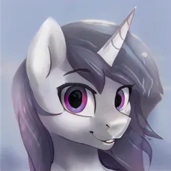 Size: 1024x1024 | Tagged: safe, artist:thisponydoesnotexist, derpibooru import, machine learning generated, pony, unicorn, ears up, gradient background, image, jpeg, looking at you, nostrils, raised eyebrows, smiling, smiling at you, solo