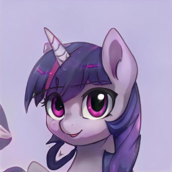 Size: 1024x1024 | Tagged: safe, artist:thisponydoesnotexist, derpibooru import, machine learning generated, pony, unicorn, ears up, gradient background, image, jpeg, looking at you, not twilight sparkle, smiling, smiling at you, solo