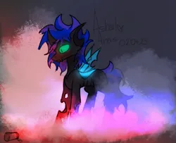 Size: 1295x1053 | Tagged: safe, artist:ashel_aras, derpibooru import, oc, oc:ashel, unofficial characters only, changeling, blood, blood on face, changeling oc, dark background, glow, glowing eyes, image, krita, png, smoke, solo, stupor