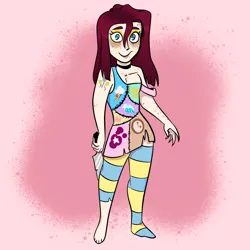 Size: 2048x2048 | Tagged: semi-grimdark, alternate version, artist:carconutty, derpibooru import, pinkie pie, human, fanfic:cupcakes, absurd resolution, acne, alternate hairstyle, barefoot, bushy brows, choker, clothes, cutie mark dress, cutie mark tattoo, dress, eyeshadow, fanfic art, feet, female, humanized, image, knife, looking at you, makeup, pinkamena diane pie, png, ripped stockings, running makeup, smiling, smiling at you, socks, solo, stocking feet, stockings, striped socks, tattoo, thick eyebrows, thigh highs, torn clothes