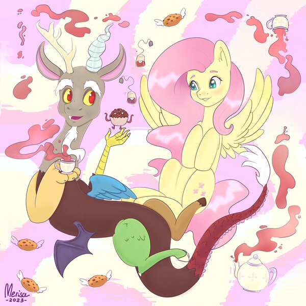 Size: 3000x3000 | Tagged: safe, artist:meriisa_a, derpibooru import, discord, fluttershy, draconequus, pegasus, pony, female, image, jpeg, mare