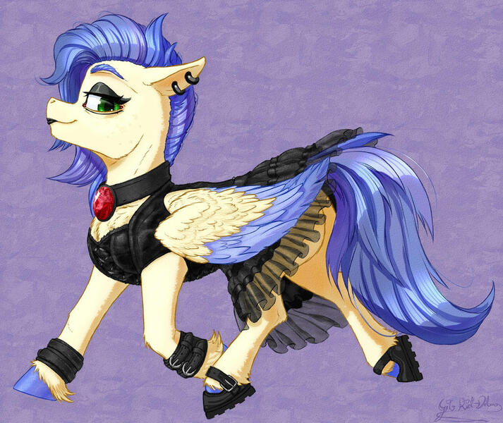 Size: 1024x862 | Tagged: safe, artist:thatonegib, derpibooru import, oc, oc:dyed petals, unofficial characters only, pegasus, pony, clothes, ear piercing, earring, female, goth, image, jewelry, jpeg, lipstick, looking at you, mare, necklace, piercing, shoes, skirt, smiling, solo, trotting