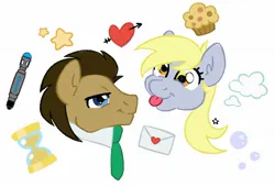 Size: 1754x1191 | Tagged: safe, artist:_starreduste_, derpibooru import, derpy hooves, doctor whooves, time turner, earth pony, pegasus, pony, cutie mark, doctor who, duo, female, food, head only, image, jpeg, letter, male, mare, muffin, sonic screwdriver, stallion, tongue out