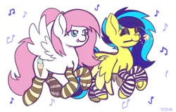 Size: 1500x951 | Tagged: safe, artist:koapony, derpibooru import, oc, oc:koa, unofficial characters only, pegasus, pony, clothes, colored wings, colored wingtips, eyes closed, flying, image, jpeg, leg warmers, music notes, smiling, socks, sparkler (firework), spread wings, striped socks, tongue out, two toned wings, wings