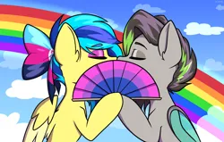 Size: 1500x953 | Tagged: safe, artist:koapony, derpibooru import, oc, unofficial characters only, bat pony, pegasus, pony, colored wings, colored wingtips, eyebrows, eyebrows visible through hair, eyes closed, fan, hand fan, image, implied kissing, jpeg, rainbow, two toned wings, wings