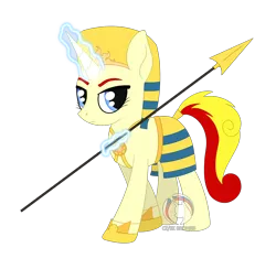 Size: 2290x2234 | Tagged: safe, artist:dyonys, derpibooru import, oc, oc:miss libussa, pony, unicorn, czequestria, day guard, egyptian, image, magic, png, simple background, spear, transparent background, watermark, weapon