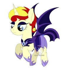 Size: 1908x2026 | Tagged: safe, artist:dyonys, derpibooru import, oc, oc:miss libussa, bat pony, hybrid, pony, unicorn, czequestria, flying, image, night guard, png, simple background, transparent background