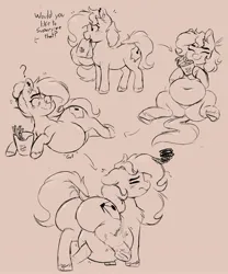 Size: 1560x1875 | Tagged: suggestive, artist:somefrigginnerd, derpibooru import, oc, oc:pencil test, unofficial characters only, earth pony, pony, bag, belly button, bellyrubs, bendy straw, blushing, brown background, cup, dialogue, disembodied hoof, dock, drinking straw, ear piercing, earring, eyes closed, fat, female, food, freckles, french fries, image, jewelry, jpeg, large butt, lying down, mare, monochrome, mouth hold, obese, offscreen character, paper bag, piercing, simple background, sitting, sketch, sketch dump, smiling, tail