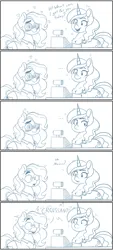 Size: 927x2048 | Tagged: safe, artist:somefrigginnerd, derpibooru import, sweet biscuit, oc, oc:pencil test, earth pony, pony, unicorn, apron, cash register, clothes, comic, crush, dialogue, duo, duo female, ear piercing, earring, female, freckles, glasses, image, jewelry, jpeg, mare, monochrome, piercing, shirt, simple background, white background