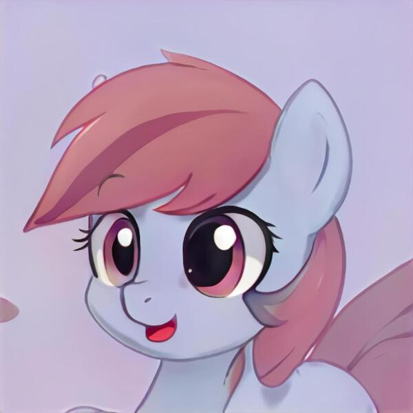 Size: 1024x1024 | Tagged: safe, artist:thisponydoesnotexist, derpibooru import, machine learning generated, pony, bust, ears up, eyebrows, eyelashes, gradient background, image, jpeg, nostrils, open mouth, open smile, raised eyebrow, shading, smiling, solo