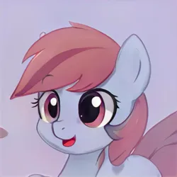 Size: 1024x1024 | Tagged: safe, artist:thisponydoesnotexist, derpibooru import, machine learning generated, pony, bust, ears up, eyebrows, eyelashes, gradient background, image, jpeg, nostrils, open mouth, open smile, raised eyebrow, shading, smiling, solo