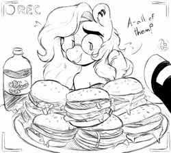 Size: 1642x1470 | Tagged: safe, artist:somefrigginnerd, derpibooru import, oc, oc:pencil test, unofficial characters only, earth pony, pony, burger, cheeseburger, dialogue, disembodied hoof, dr pepper, drink, ear piercing, earring, female, food, freckles, glasses, grayscale, hamburger, image, jewelry, jpeg, mare, monochrome, mukbang, piercing, smiling, soda, solo focus, this will end in weight gain, unshorn fetlocks