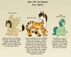 Size: 900x727 | Tagged: safe, artist:the clockwork crow, derpibooru import, oc, unofficial characters only, big cat, original species, sphinx, tiger, unicorn, chest fluff, description, digital art, diluted hybrid pony sphinx, ear fluff, hooves, horn, hybrid pony, image, information, jpeg, leg fluff, leonine tail, open species, paws, simple background, slit pupils, tail, text, three eyes, unicorn oc