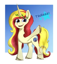 Size: 1482x1669 | Tagged: safe, artist:dyonys, derpibooru import, oc, oc:miss libussa, pony, unicorn, czequestria, female, g5, image, mare, open mouth, png, raised hoof, smiling, ta-da!, text, watermark