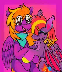 Size: 1450x1700 | Tagged: safe, artist:button, derpibooru import, oc, oc:burningstar, oc:fire star, unofficial characters only, bat pony, pegasus, pony, bust, cute, female, hug, image, jpeg, mare, portrait, siblings, sisters