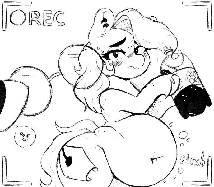 Size: 867x756 | Tagged: suggestive, artist:somefrigginnerd, derpibooru import, oc, oc:pencil test, unofficial characters only, earth pony, pony, belly, belly button, big belly, blushing, disembodied hoof, dr pepper, drink, ear piercing, earring, fat, female, freckles, grayscale, image, jewelry, jpeg, lidded eyes, looking at you, mare, monochrome, piercing, rolls of fat, soda, solo focus, stomach noise, unshorn fetlocks
