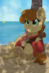 Size: 800x1200 | Tagged: safe, artist:circus cinnamon, derpibooru import, oc, unnamed oc, unofficial characters only, sphinx, beach, brown mane, clothes, detailed background, digital art, ear fluff, green eyes, guitar, hoodie, image, leonine tail, looking at you, musical instrument, palm tree, paw pads, paws, png, sitting, solo, sphinx oc, tail, tree, ukulele