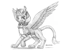Size: 1024x794 | Tagged: safe, artist:baron engel, derpibooru import, sphinx (character), sphinx, armband, image, jpeg, leonine tail, looking at you, paws, pencil drawing, simple background, spread wings, tail, traditional art, white background, wings