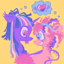 Size: 1000x1000 | Tagged: safe, artist:webkinzworldz, derpibooru import, pinkie pie, twilight sparkle, earth pony, pony, unicorn, alternate design, duo, female, heart, image, lesbian, looking at each other, looking at someone, mouthpiece, nonbinary, nonbinary pride flag, png, pride, pride flag, redraw, shipping, simple background, thought bubble, transgender, transgender pride flag, twinkie, twitterina design