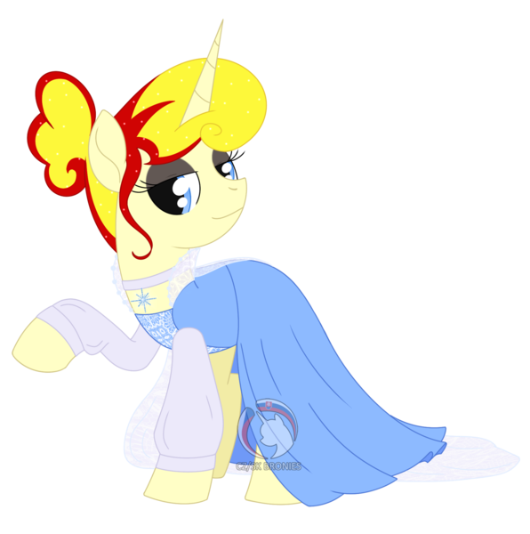 Size: 1852x1864 | Tagged: safe, artist:dyonys, derpibooru import, oc, oc:miss libussa, pony, unicorn, choker, clothes, czequestria, dress, eyeshadow, female, image, makeup, mare, png, raised hoof, simple background, transparent background, watermark