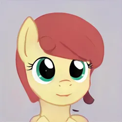 Size: 1024x1024 | Tagged: safe, artist:thisponydoesnotexist, derpibooru import, machine learning generated, pony, bust, ears up, eyelashes, gray background, green eyes, image, jpeg, looking at you, nostrils, red mane, simple background, smiling, smiling at you, solo