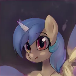 Size: 1024x1024 | Tagged: safe, artist:thisponydoesnotexist, derpibooru import, machine learning generated, pony, unicorn, blue mane, bust, ears up, eyebrows, gradient background, image, jpeg, looking at you, smiling, smiling at you, solo