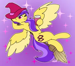 Size: 1880x1653 | Tagged: safe, artist:koapony, derpibooru import, oc, oc:koa, unofficial characters only, pegasus, pony, broom, coffee, colored wings, colored wingtips, eyebrows, eyebrows visible through hair, flying, flying broomstick, hat, image, jpeg, looking at you, one eye closed, smiling, sparkles, two toned wings, wings, wink, winking at you, witch hat