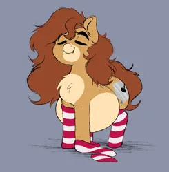 Size: 947x966 | Tagged: safe, artist:somefrigginnerd, derpibooru import, oc, oc:pencil test, unofficial characters only, earth pony, pony, chest fluff, clothes, eyes closed, fat, female, freckles, front view, image, jpeg, mare, simple background, smiling, socks, solo, striped socks, two toned coat