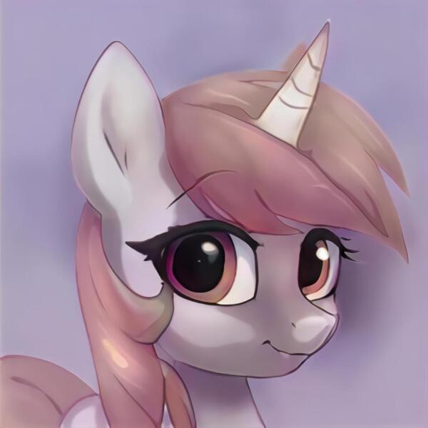 Size: 1024x1024 | Tagged: safe, artist:thisponydoesnotexist, derpibooru import, machine learning generated, pony, unicorn, bust, ears up, eyebrows, gradient background, image, jpeg, looking at you, raised eyebrow, shading, smiling, smiling at you, solo, thick eyelashes