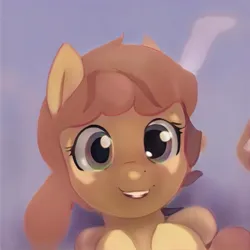 Size: 1024x1024 | Tagged: safe, artist:thisponydoesnotexist, derpibooru import, machine learning generated, pony, bust, ears up, eyelashes, gradient background, image, jpeg, looking at you, shading, smiling, smiling at you, solo