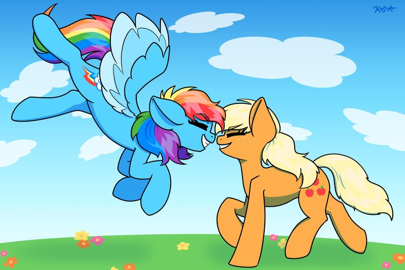 Size: 2048x1365 | Tagged: safe, artist:koapony, derpibooru import, applejack, rainbow dash, earth pony, pegasus, pony, appledash, boop, colored wings, eyebrows, eyebrows visible through hair, female, flying, happy, image, jpeg, lesbian, noseboop, shipping, smiling, wings