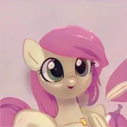 Size: 1024x1024 | Tagged: safe, artist:thisponydoesnotexist, derpibooru import, machine learning generated, pony, bust, ears up, gradient background, image, jpeg, looking at you, open mouth, open smile, pink mane, shading, smiling, smiling at you, solo