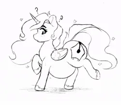 Size: 1053x911 | Tagged: safe, artist:somefrigginnerd, derpibooru import, oc, oc:pencil test, unofficial characters only, alicorn, pony, alicorn oc, alicornified, confused, fat, female, freckles, grayscale, horn, image, jpeg, large butt, mare, monochrome, question mark, race swap, raised hoof, raised leg, side view, simple background, solo, unshorn fetlocks, white background, wings