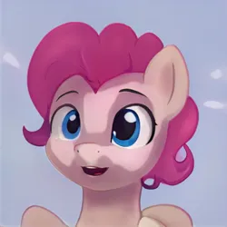 Size: 1024x1024 | Tagged: safe, artist:thisponydoesnotexist, derpibooru import, machine learning generated, pony, blue eyes, bust, gradient background, image, jpeg, nostrils, not pinkie pie, open mouth, open smile, pink mane, raised eyebrows, shading, smiling, solo